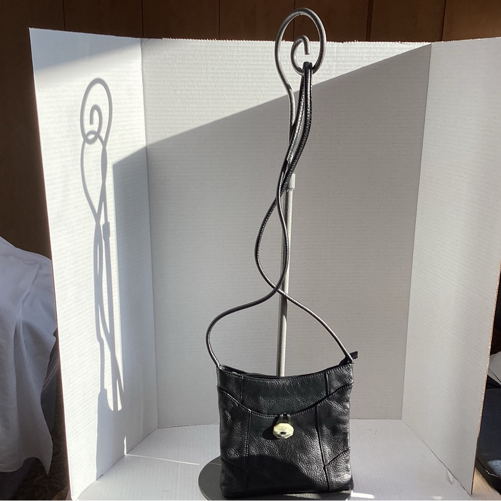 J Jill Black Leather Crossbody with real stone enclosure. JS4